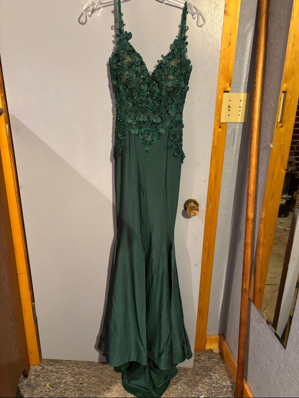 Mon Cheri Dark Green Beaded V-Neck Prom Gown